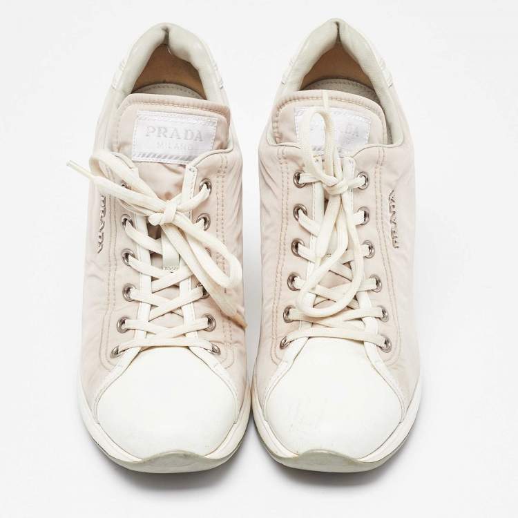 Pre Owned Prada Sport Beige/White Nylon and Leather Wedge High Top Sneakers Size 38