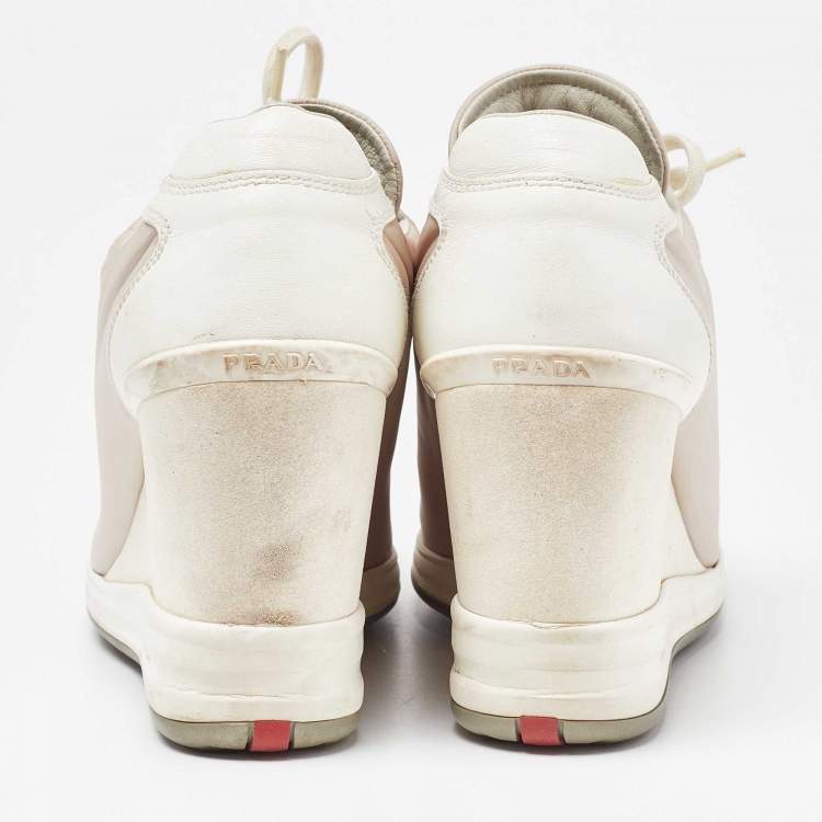 Pre Owned Prada Sport Beige/White Nylon and Leather Wedge High Top Sneakers Size 38