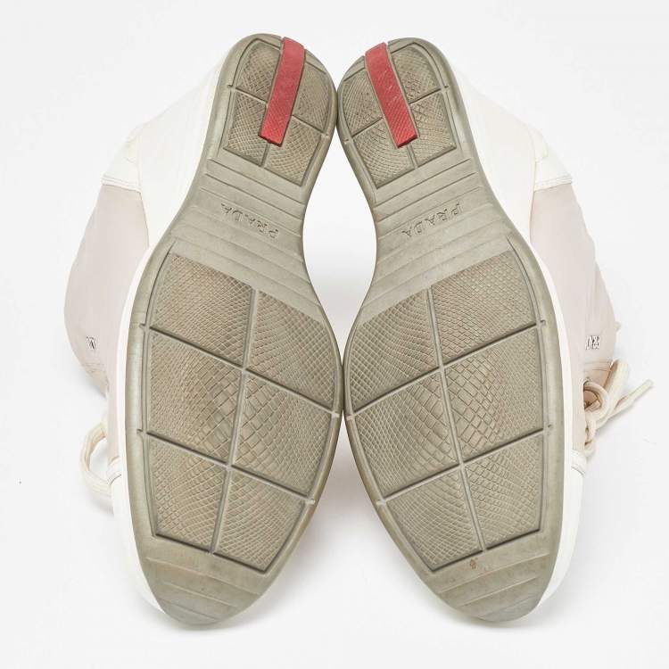 Pre Owned Prada Sport Beige/White Nylon and Leather Wedge High Top Sneakers Size 38