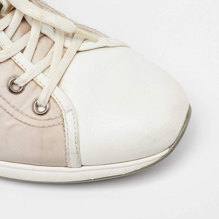 Pre Owned Prada Sport Beige/White Nylon and Leather Wedge High Top Sneakers Size 38