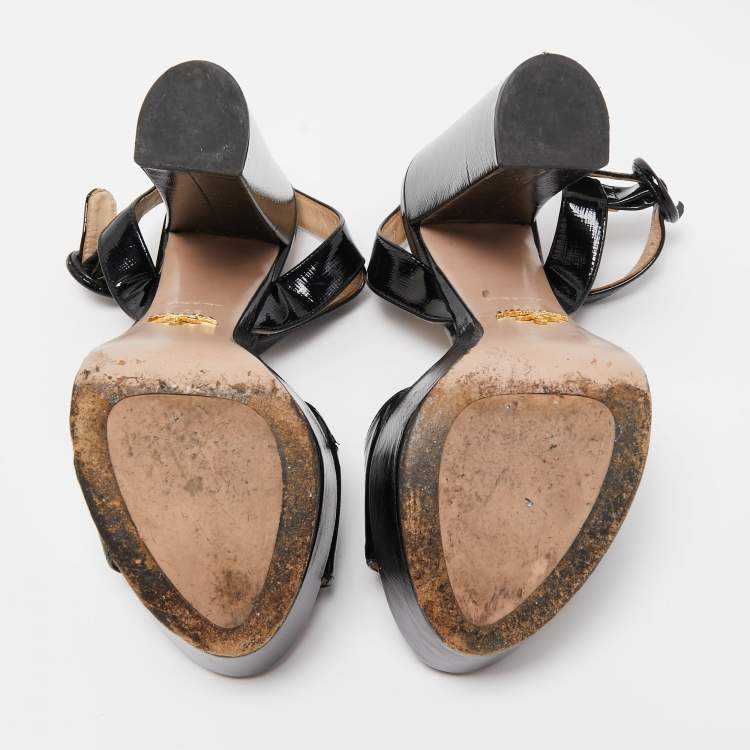 Pre Owned Prada Black Vernice Saffiano Leather Platform Ankle Strap Sandals Size 36