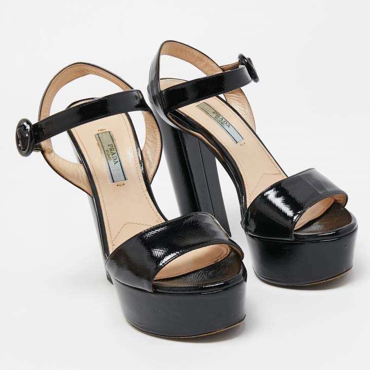 Pre Owned Prada Black Vernice Saffiano Leather Platform Ankle Strap Sandals Size 36