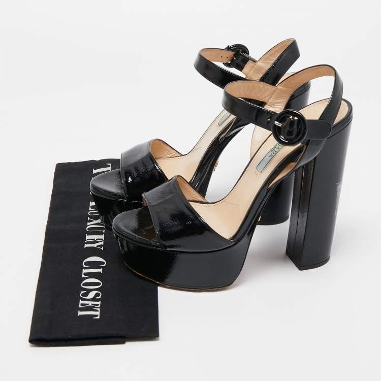 Pre Owned Prada Black Vernice Saffiano Leather Platform Ankle Strap Sandals Size 36
