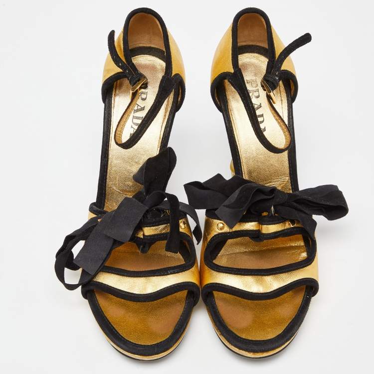Pre Owned Prada Gold/Black Leather and Suede Floral Heel Ankle Strap Sandals Size 37.5