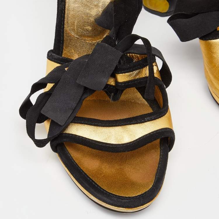 Pre Owned Prada Gold/Black Leather and Suede Floral Heel Ankle Strap Sandals Size 37.5