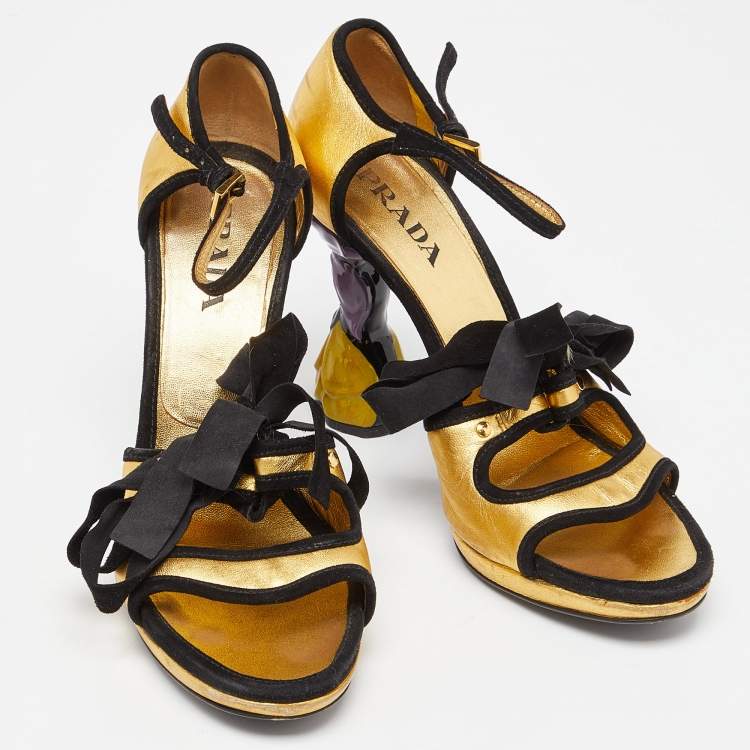 Pre Owned Prada Gold/Black Leather and Suede Floral Heel Ankle Strap Sandals Size 37.5