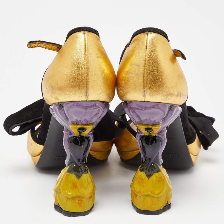 Pre Owned Prada Gold/Black Leather and Suede Floral Heel Ankle Strap Sandals Size 37.5