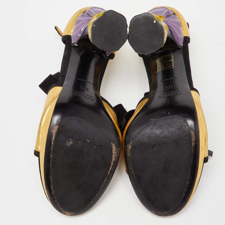 Pre Owned Prada Gold/Black Leather and Suede Floral Heel Ankle Strap Sandals Size 37.5