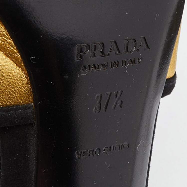 Pre Owned Prada Gold/Black Leather and Suede Floral Heel Ankle Strap Sandals Size 37.5