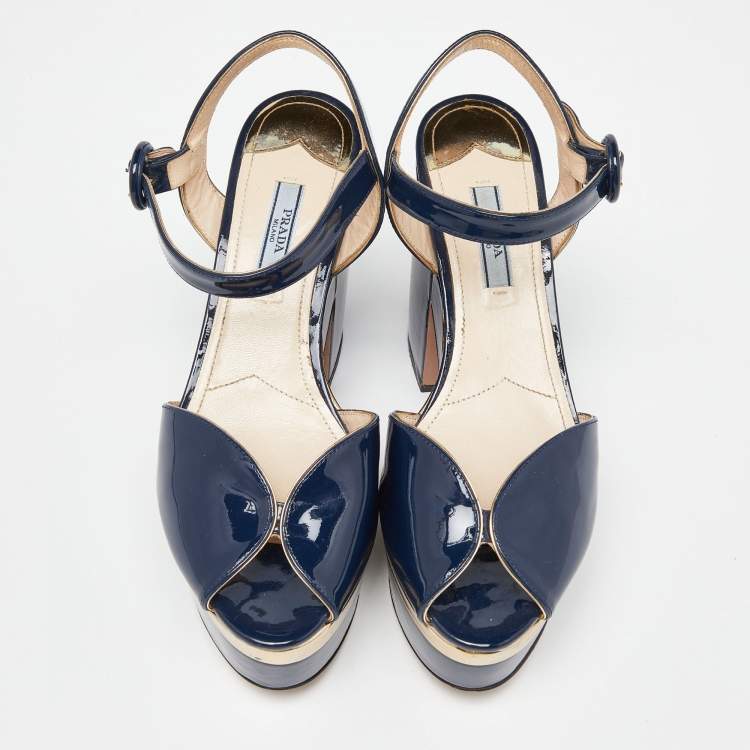 Pre Owned Prada Navy Blue Patent Leather Platform Ankle Strap Sandals Size 38.5
