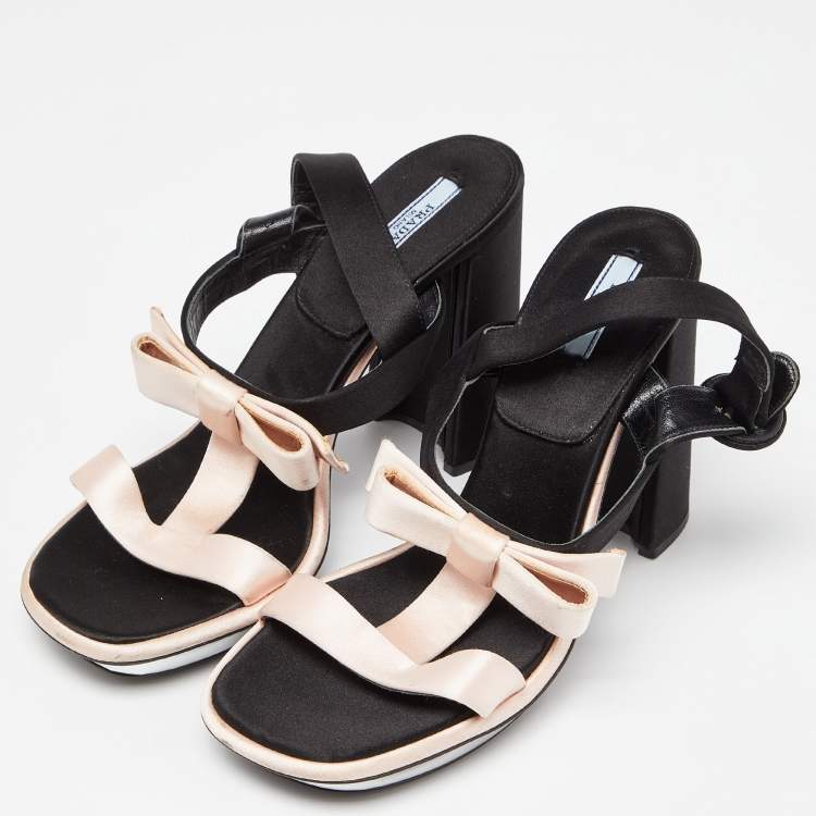 Pre Owned Prada Pink/Black Satin Bow T-Bar Ankle Strap Sandals Size 39