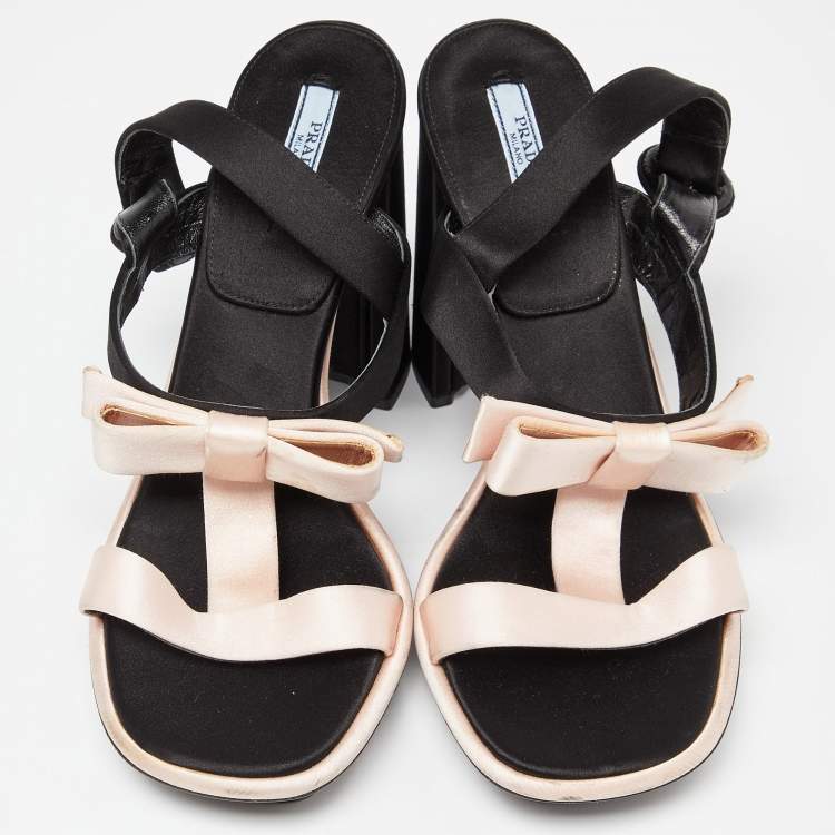 Pre Owned Prada Pink/Black Satin Bow T-Bar Ankle Strap Sandals Size 39