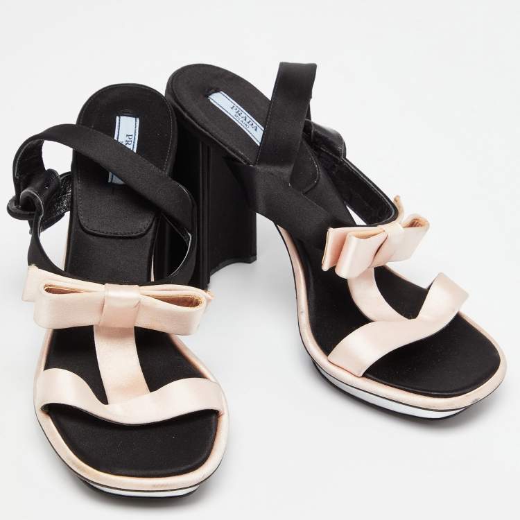 Pre Owned Prada Pink/Black Satin Bow T-Bar Ankle Strap Sandals Size 39