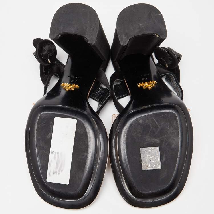 Pre Owned Prada Pink/Black Satin Bow T-Bar Ankle Strap Sandals Size 39