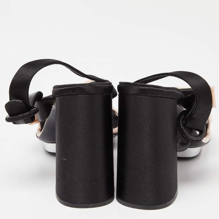 Pre Owned Prada Pink/Black Satin Bow T-Bar Ankle Strap Sandals Size 39