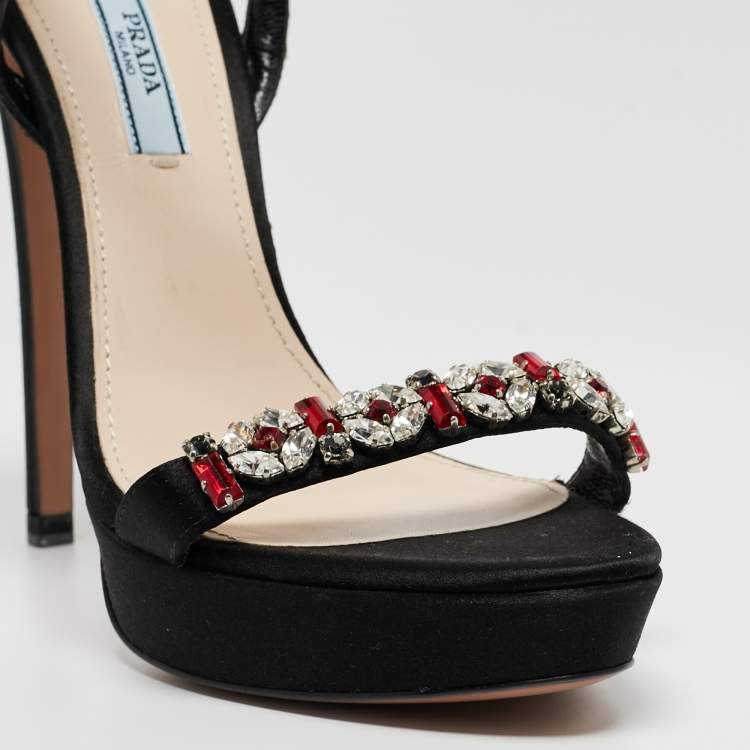 Pre Owned Prada Black Satin Crystal Embellished Ankle Strap Sandals Size 37
