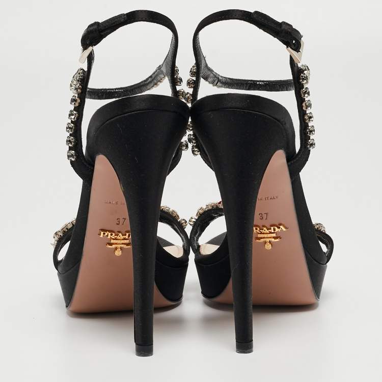 Pre Owned Prada Black Satin Crystal Embellished Ankle Strap Sandals Size 37