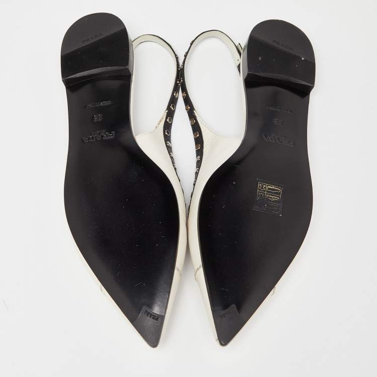 Pre Owned Prada Off White/Black Leather Studded Slingback Flats Size 38