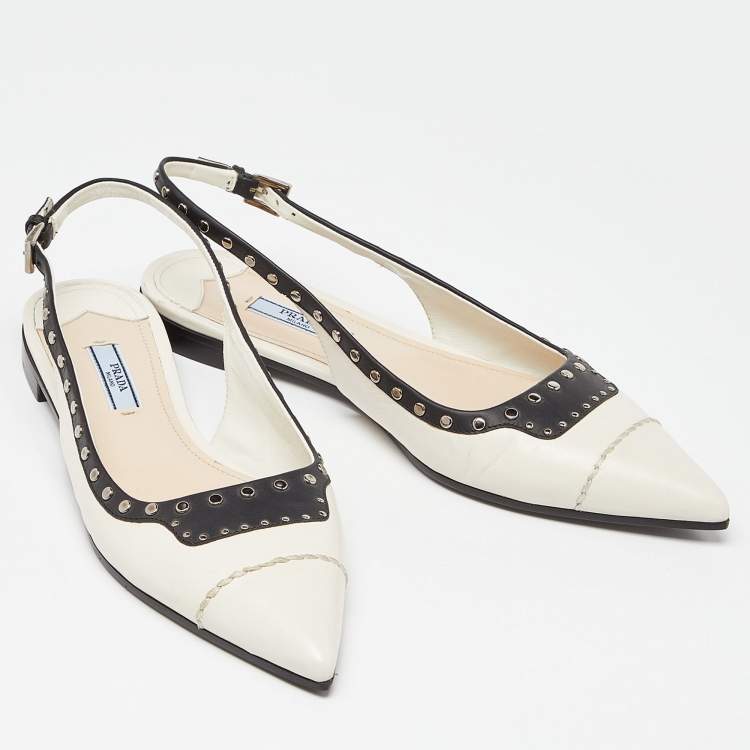 Pre Owned Prada Off White/Black Leather Studded Slingback Flats Size 38