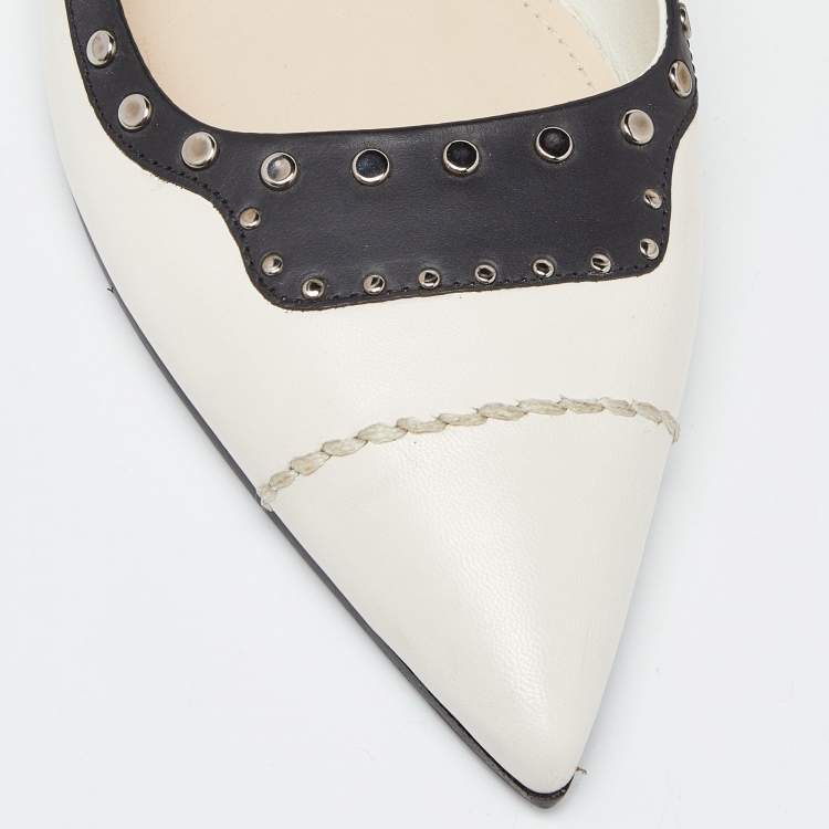 Pre Owned Prada Off White/Black Leather Studded Slingback Flats Size 38