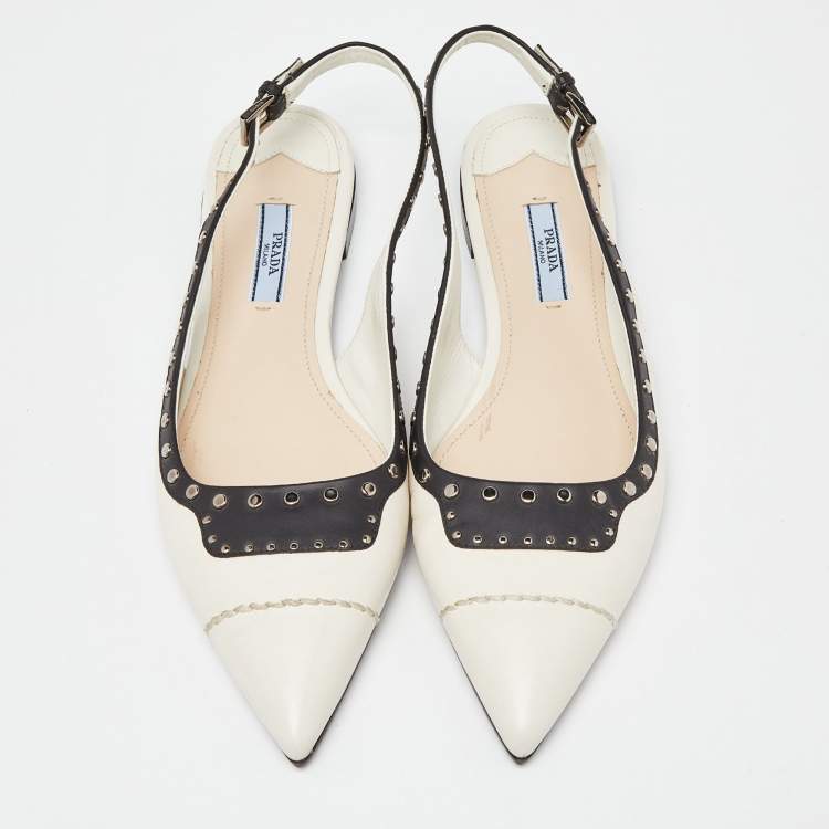 Pre Owned Prada Off White/Black Leather Studded Slingback Flats Size 38
