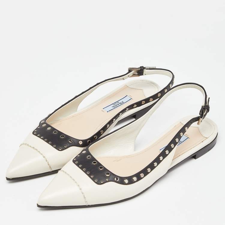 Pre Owned Prada Off White/Black Leather Studded Slingback Flats Size 38