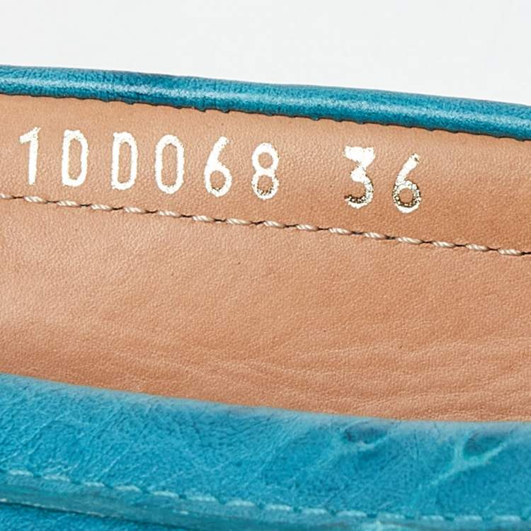 Pre Owned Prada Blue Embossed Ostrich Bow Slip On Loafers Size 36