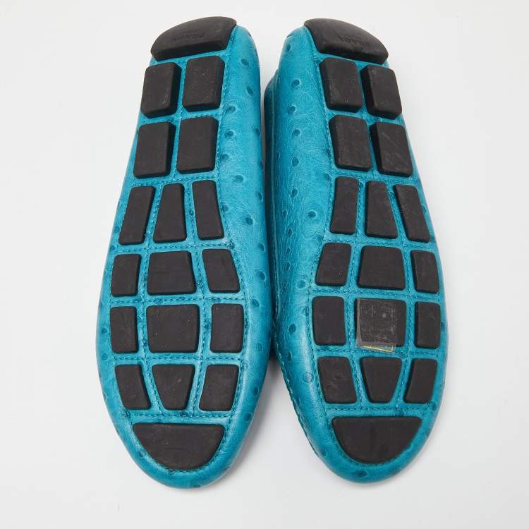 Pre Owned Prada Blue Embossed Ostrich Bow Slip On Loafers Size 36