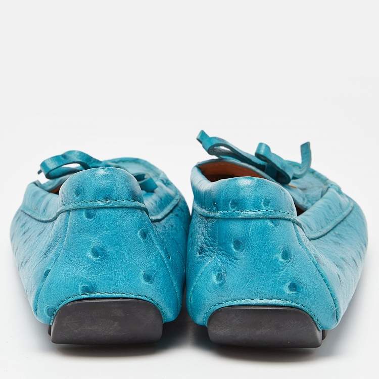 Pre Owned Prada Blue Embossed Ostrich Bow Slip On Loafers Size 36