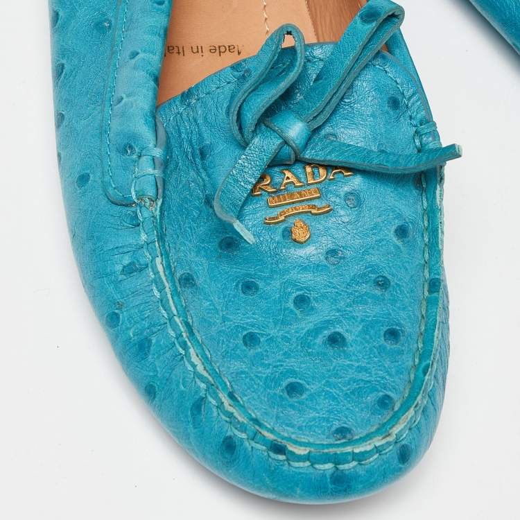Pre Owned Prada Blue Embossed Ostrich Bow Slip On Loafers Size 36