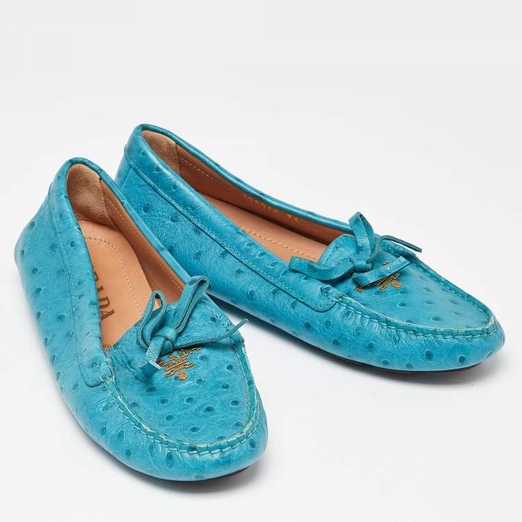 Pre Owned Prada Blue Embossed Ostrich Bow Slip On Loafers Size 36
