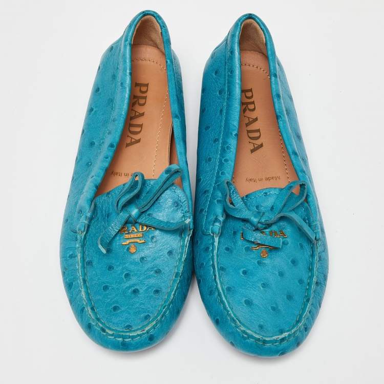 Pre Owned Prada Blue Embossed Ostrich Bow Slip On Loafers Size 36