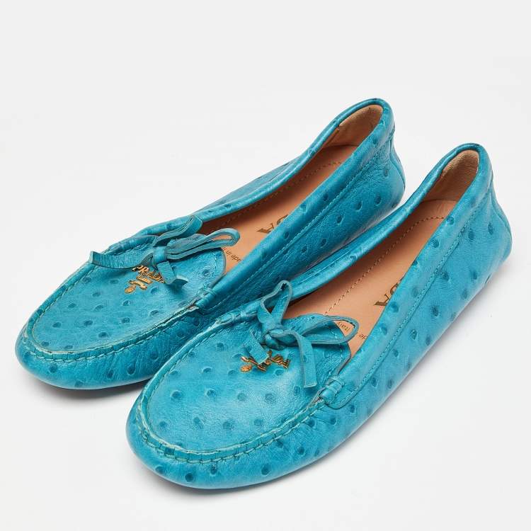 Pre Owned Prada Blue Embossed Ostrich Bow Slip On Loafers Size 36