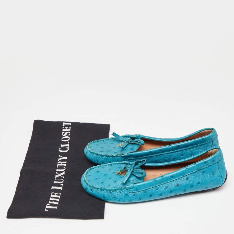 Pre Owned Prada Blue Embossed Ostrich Bow Slip On Loafers Size 36