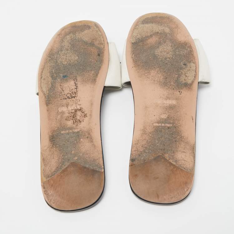 Pre Owned Prada White Leather Crystal Embellished Slides Flat Size 40