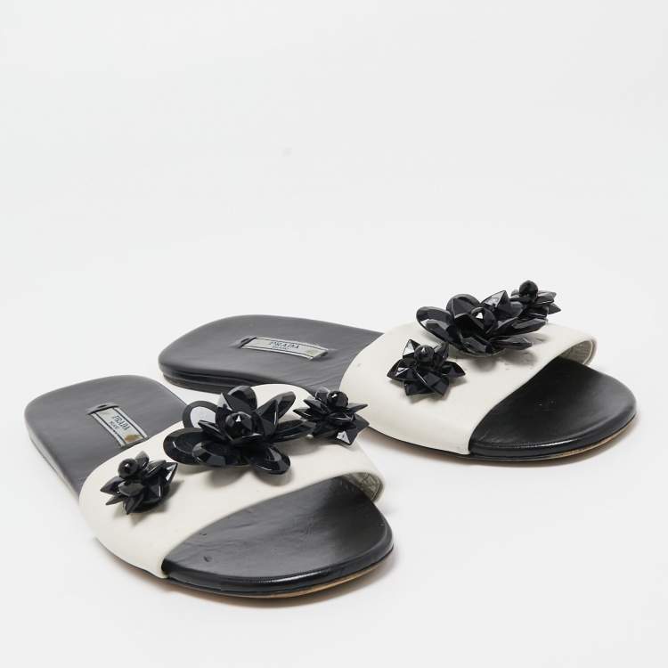 Pre Owned Prada White Leather Crystal Embellished Slides Flat Size 40