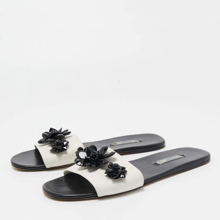 Pre Owned Prada White Leather Crystal Embellished Slides Flat Size 40