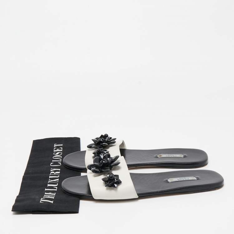 Pre Owned Prada White Leather Crystal Embellished Slides Flat Size 40