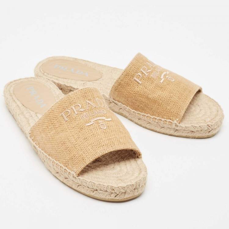 Pre Owned Prada Brown Raffia Embroidered Logo Slide Flats Size 40