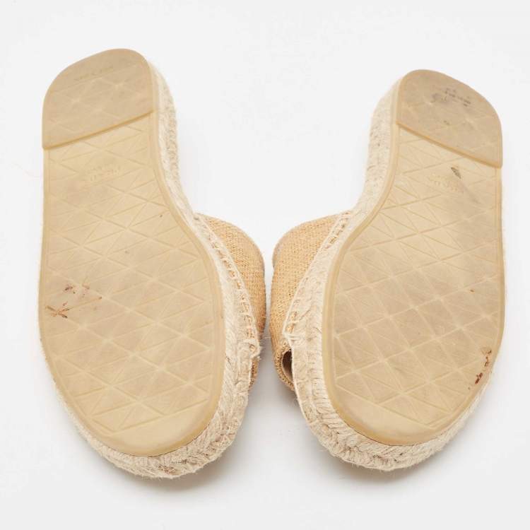 Pre Owned Prada Brown Raffia Embroidered Logo Slide Flats Size 40