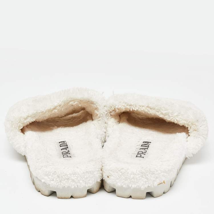 Pre Owned Prada White Terry Fabric Slides Size 38