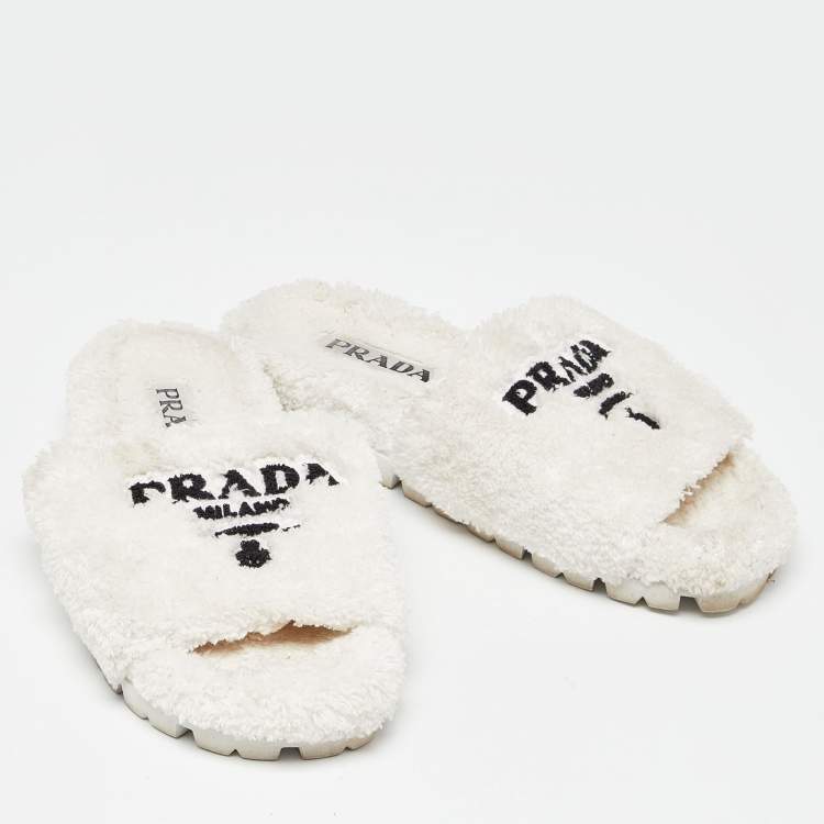 Pre Owned Prada White Terry Fabric Slides Size 38