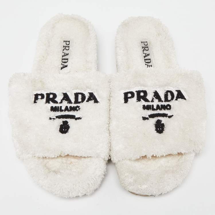 Pre Owned Prada White Terry Fabric Slides Size 38