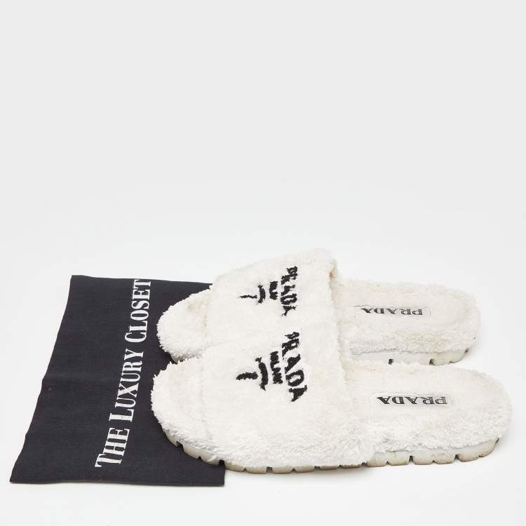 Pre Owned Prada White Terry Fabric Slides Size 38