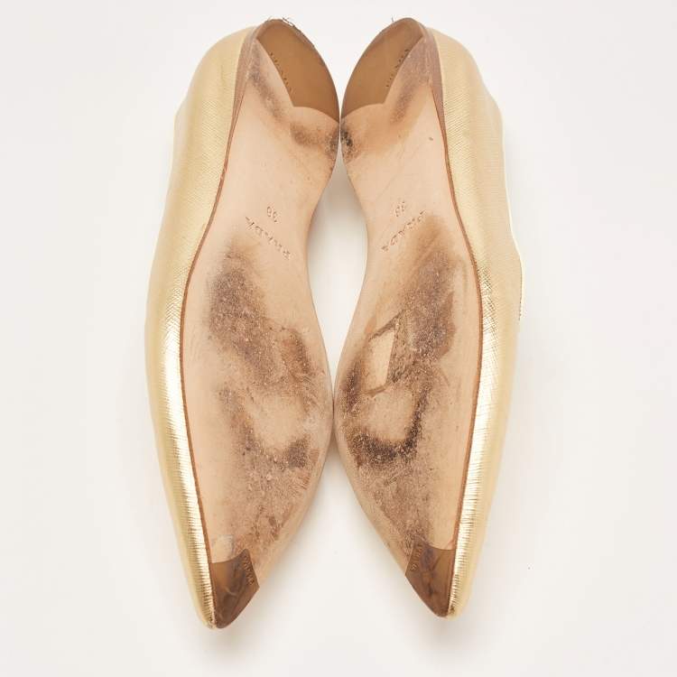 Pre Owned Prada Gold Saffiano Leather Pointed Toe Ballet Flats Size 38