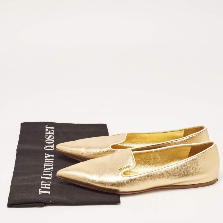 Pre Owned Prada Gold Saffiano Leather Pointed Toe Ballet Flats Size 38