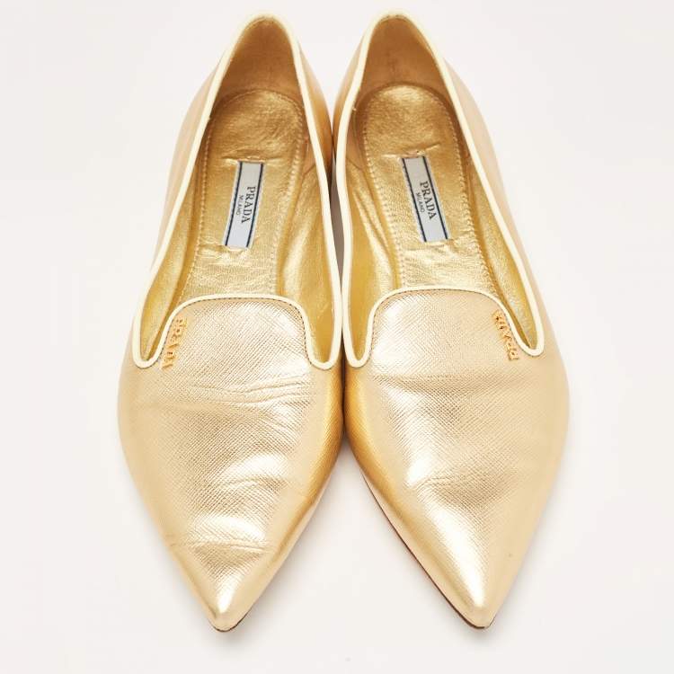 Pre Owned Prada Gold Saffiano Leather Pointed Toe Ballet Flats Size 38