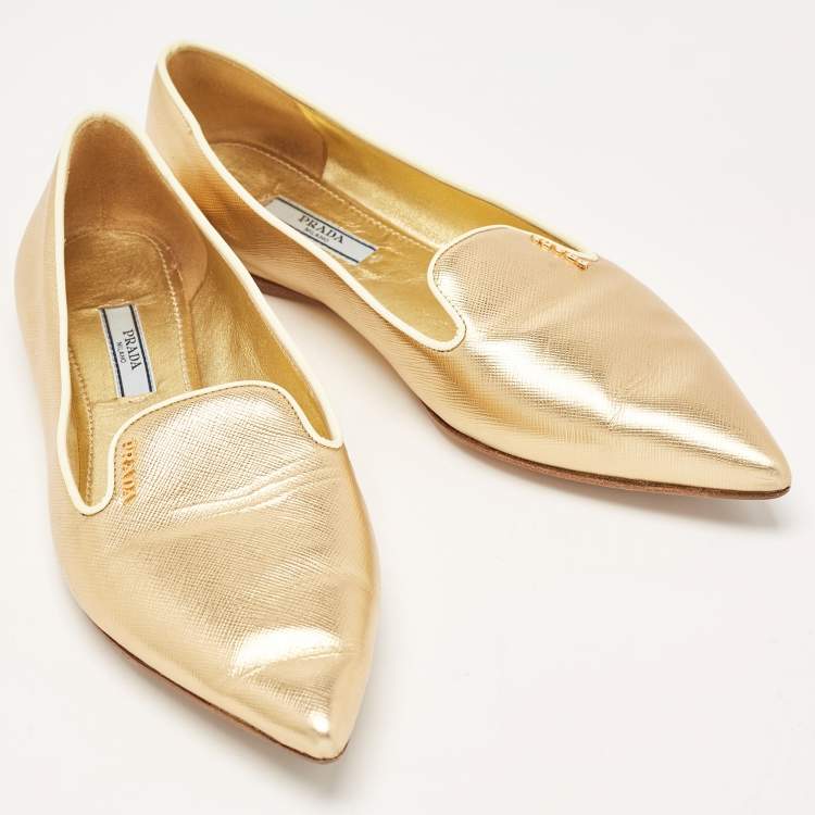 Pre Owned Prada Gold Saffiano Leather Pointed Toe Ballet Flats Size 38