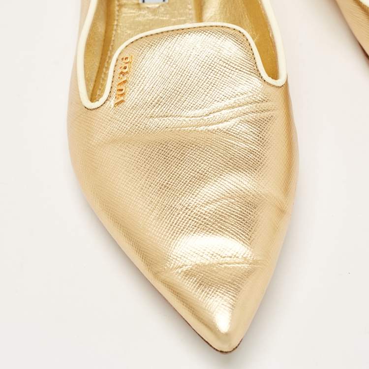 Pre Owned Prada Gold Saffiano Leather Pointed Toe Ballet Flats Size 38
