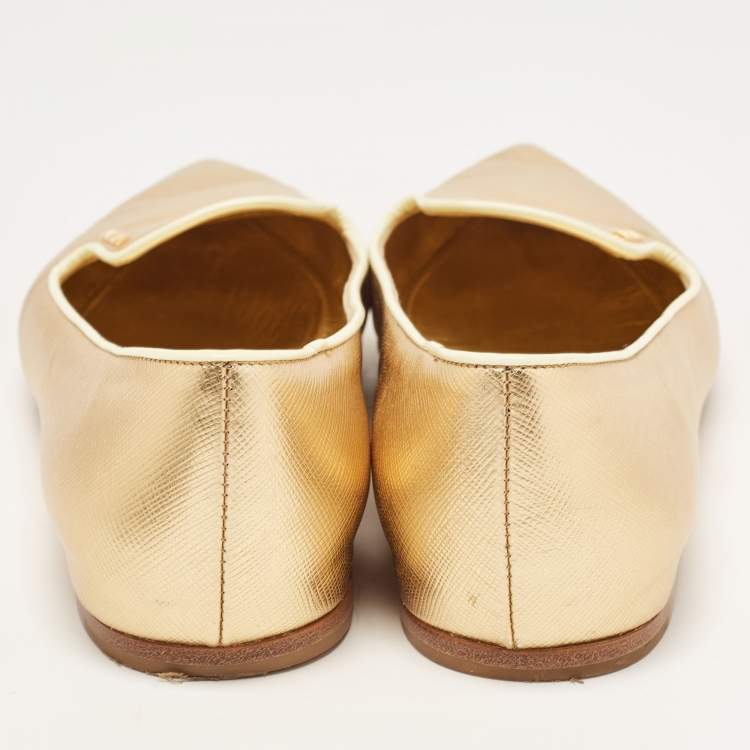 Pre Owned Prada Gold Saffiano Leather Pointed Toe Ballet Flats Size 38